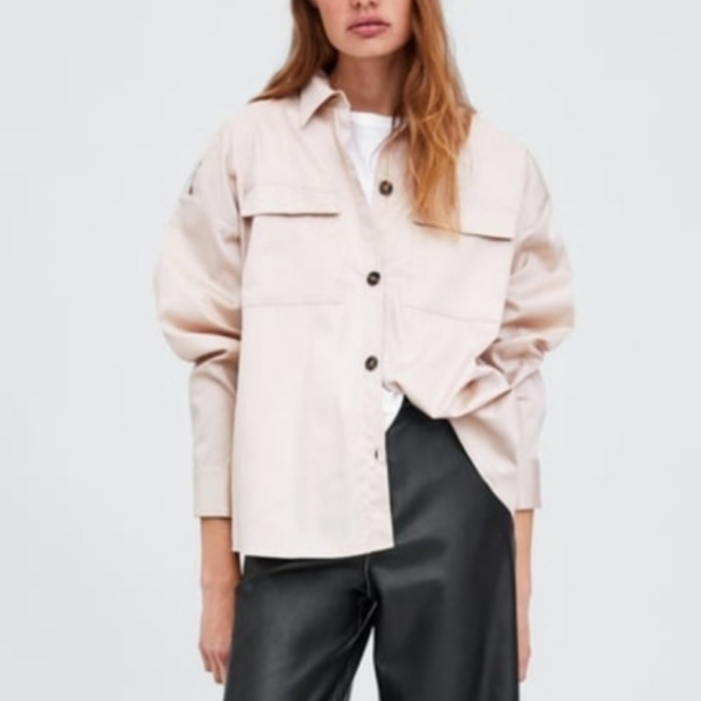 Zara Brown Beige Long Sleeve Oversized Pocket Shirt Blouse Top Tag Size Large